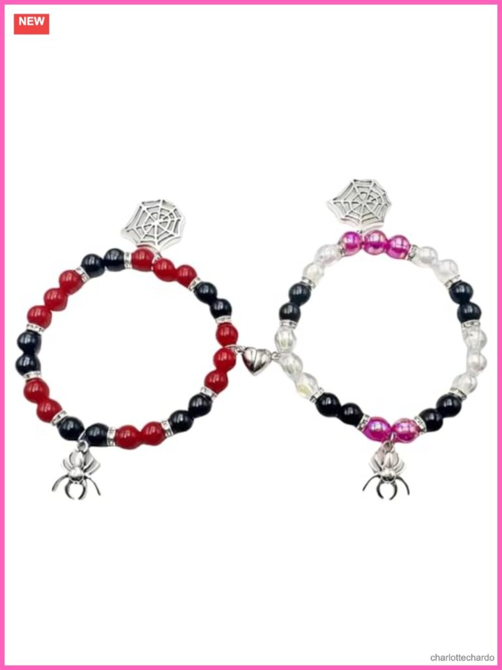 2-Pack Stretchable Crystal Bead Bracelets with Heart & Spider Charms